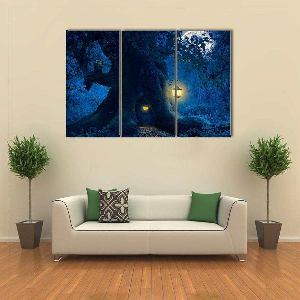 Magical Tree At Night Canvas Wall Art-3 Horizontal-Gallery Wrap-37" x 24"-Tiaracle