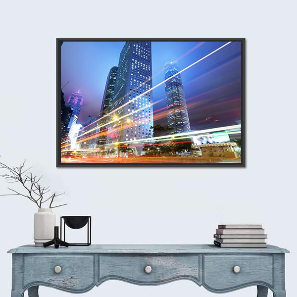 Night With City Skycrappers Canvas Wall Art-1 Piece-Floating Frame-24" x 16"-Tiaracle