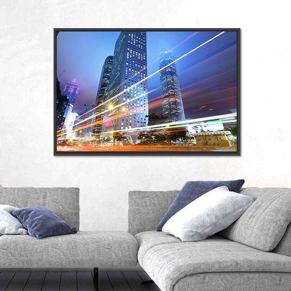 Night With City Skycrappers Canvas Wall Art-3 Horizontal-Gallery Wrap-25" x 16"-Tiaracle