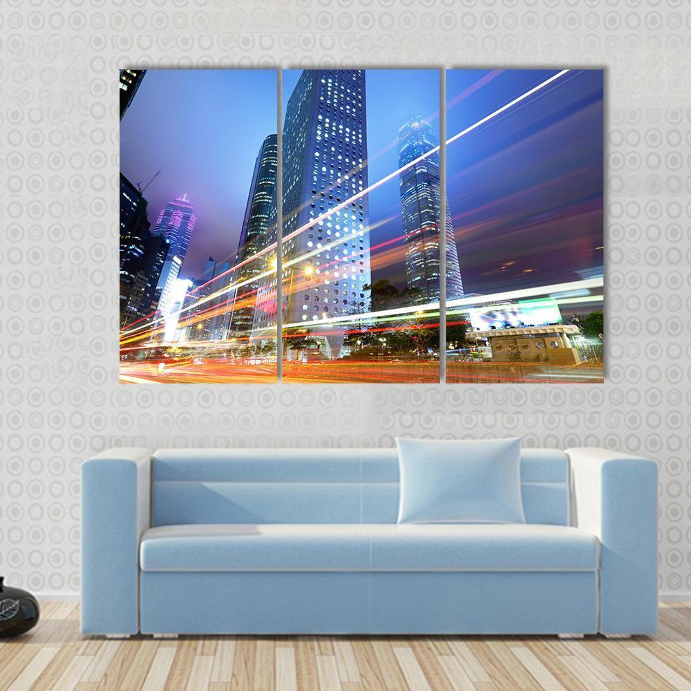 Night With City Skycrappers Canvas Wall Art-3 Horizontal-Gallery Wrap-37" x 24"-Tiaracle