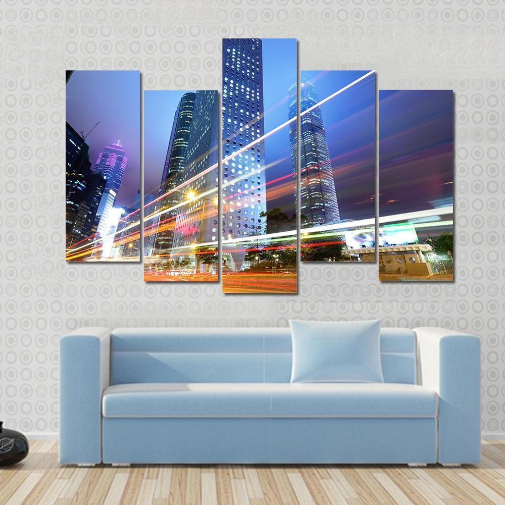 Night With City Skycrappers Canvas Wall Art-5 Pop-Gallery Wrap-47" x 32"-Tiaracle