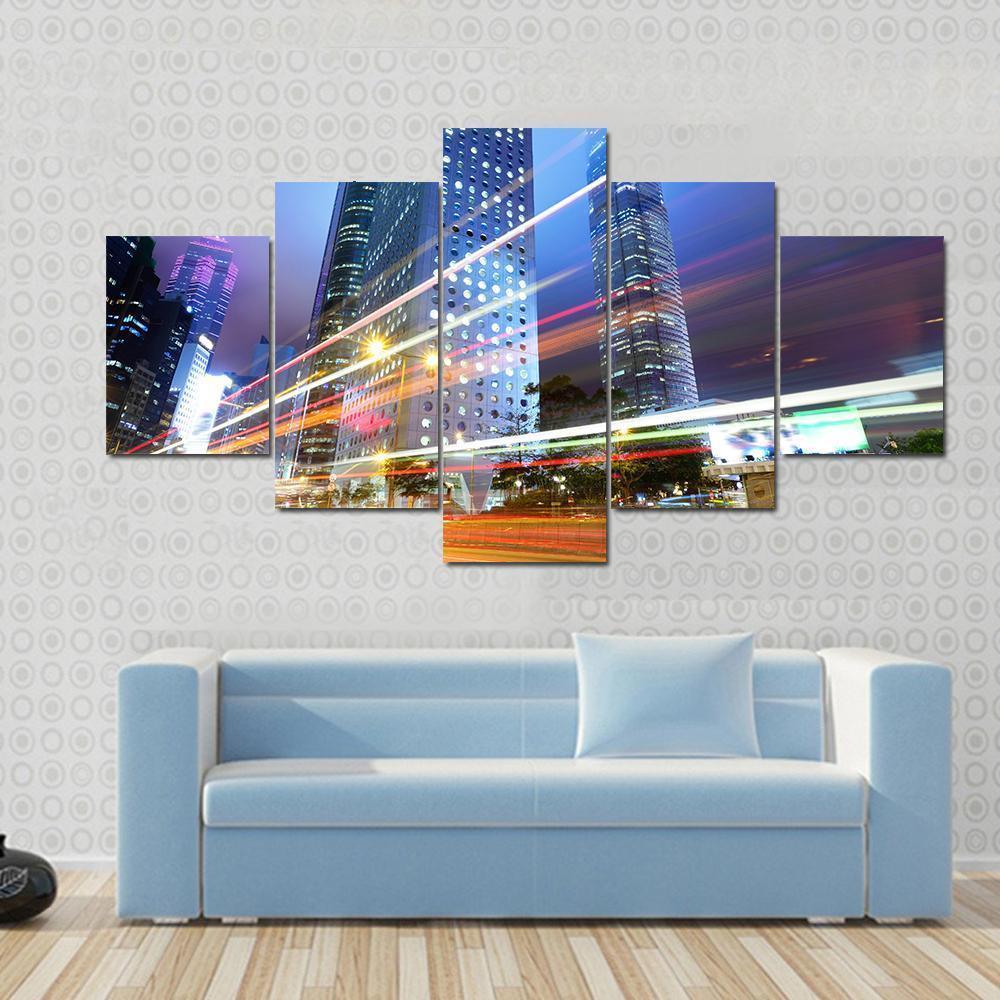 Night With City Skycrappers Canvas Wall Art-5 Star-Gallery Wrap-62" x 32"-Tiaracle