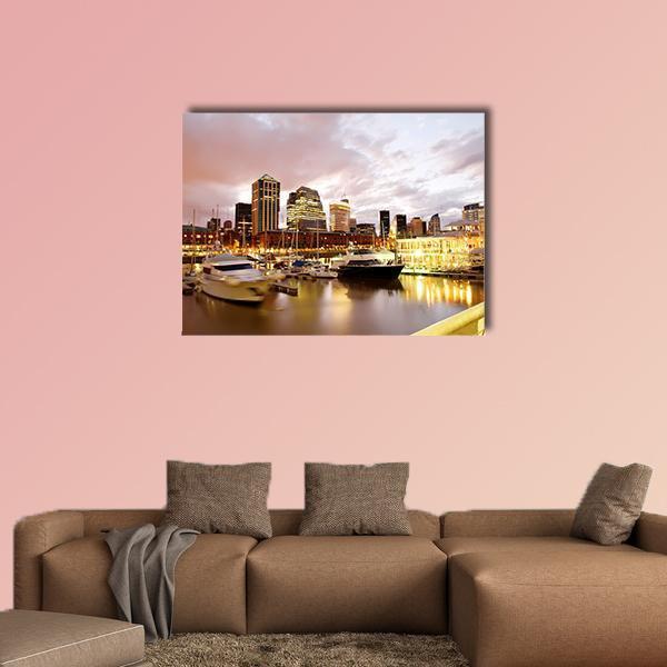 Puerto Madero Evening Skyline Canvas Wall Art in gray, gold and yellow, single panel hung on a wall