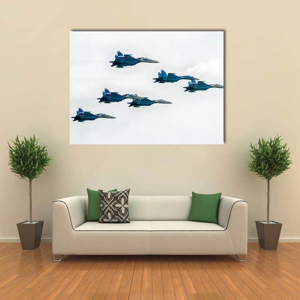 Russian Su-27 Fighters in Formation Canvas Wall Art in white, gray and blue, single panel hung on a wall