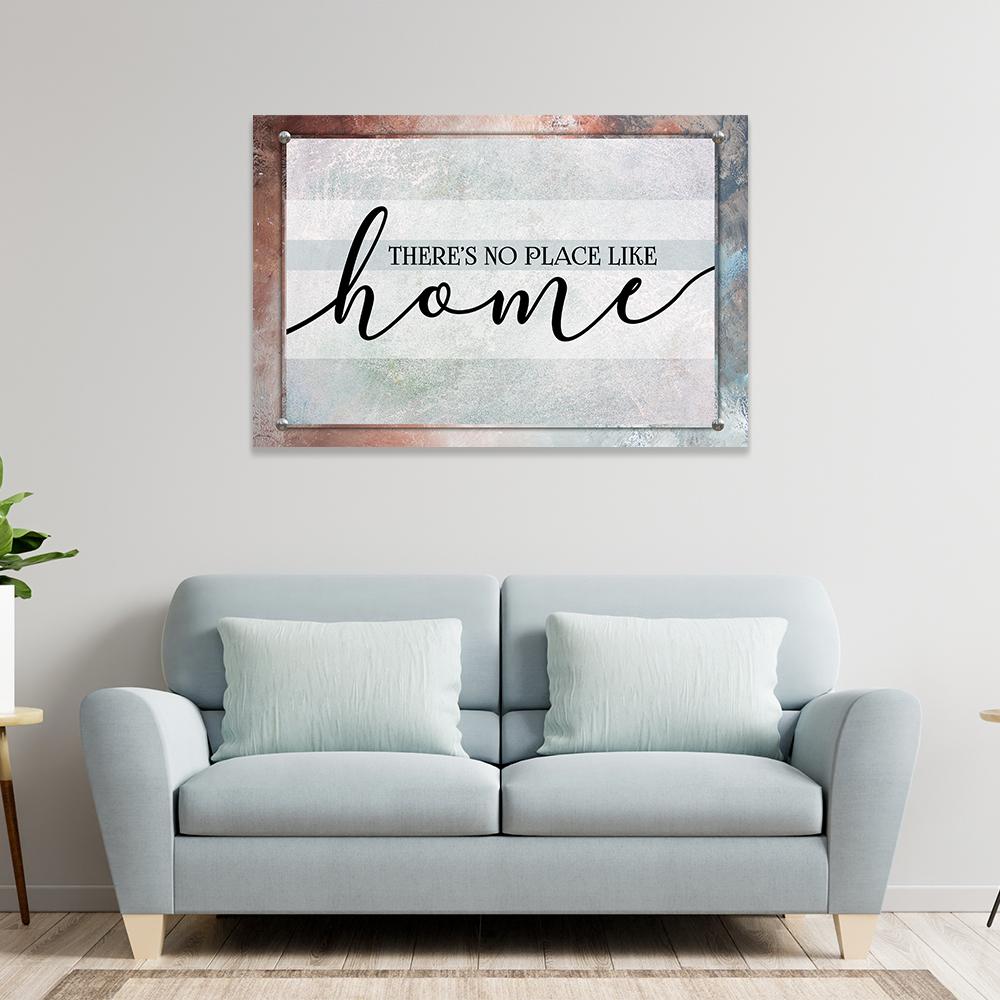 There's No Place Like Home Typography Canvas Wall Art in white, gray and brown, hung on a wall