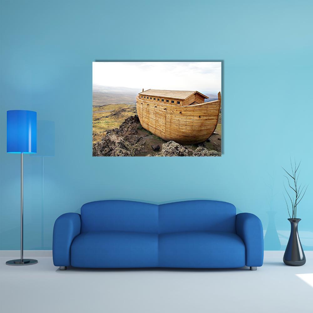 Noah's Ark Model on Rocky Terrain Canvas Wall Art in gray, beige and brown, single panel hung on a wall