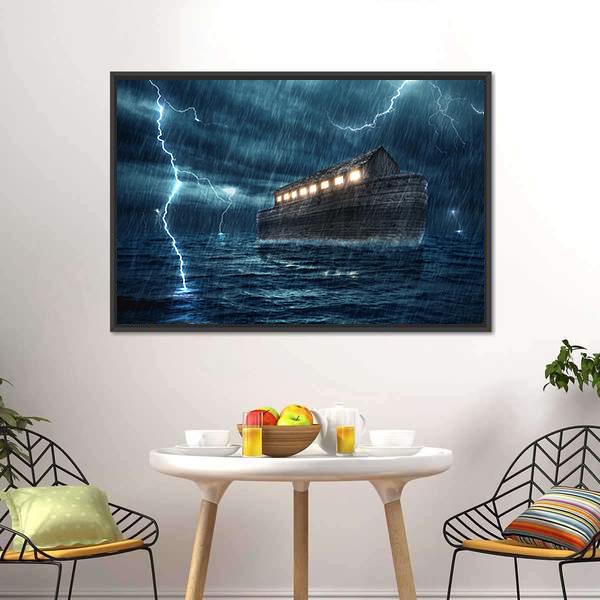 Noah's Ark in Stormy Sea Canvas Wall Art in black, blue and navy, framed canvas, product view on a white background