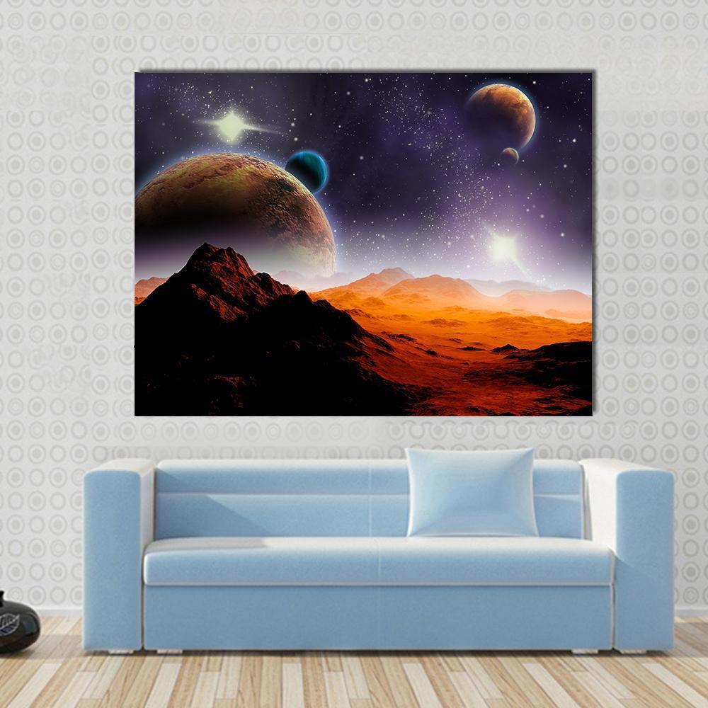 Abstract Deep Space Canvas Wall Art in black, orange and purple, single panel hung on a wall