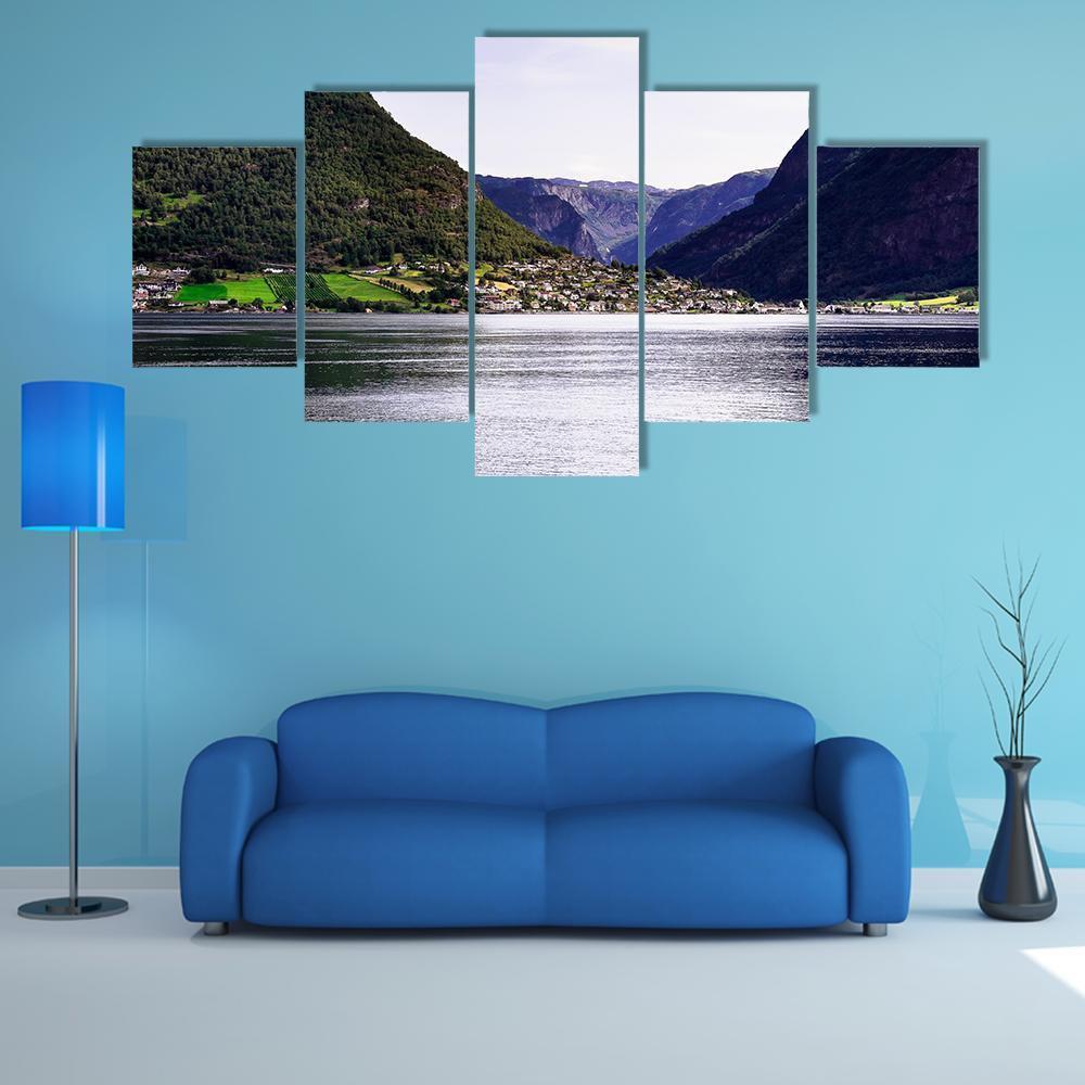 Nordic Landscape With Norwegian Fjord Canvas Wall Art-5 Star-Gallery Wrap-62" x 32"-Tiaracle