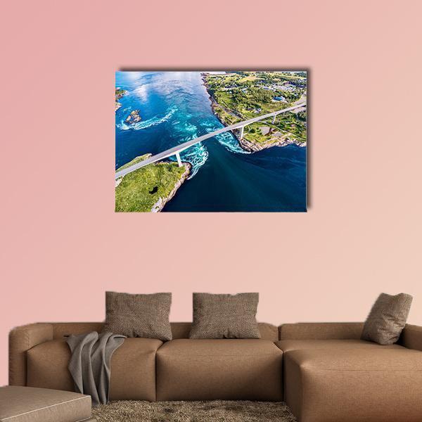 Bridge Over Swirling Tidal Currents Canvas Wall Art in white, green and blue, single panel hung on a wall