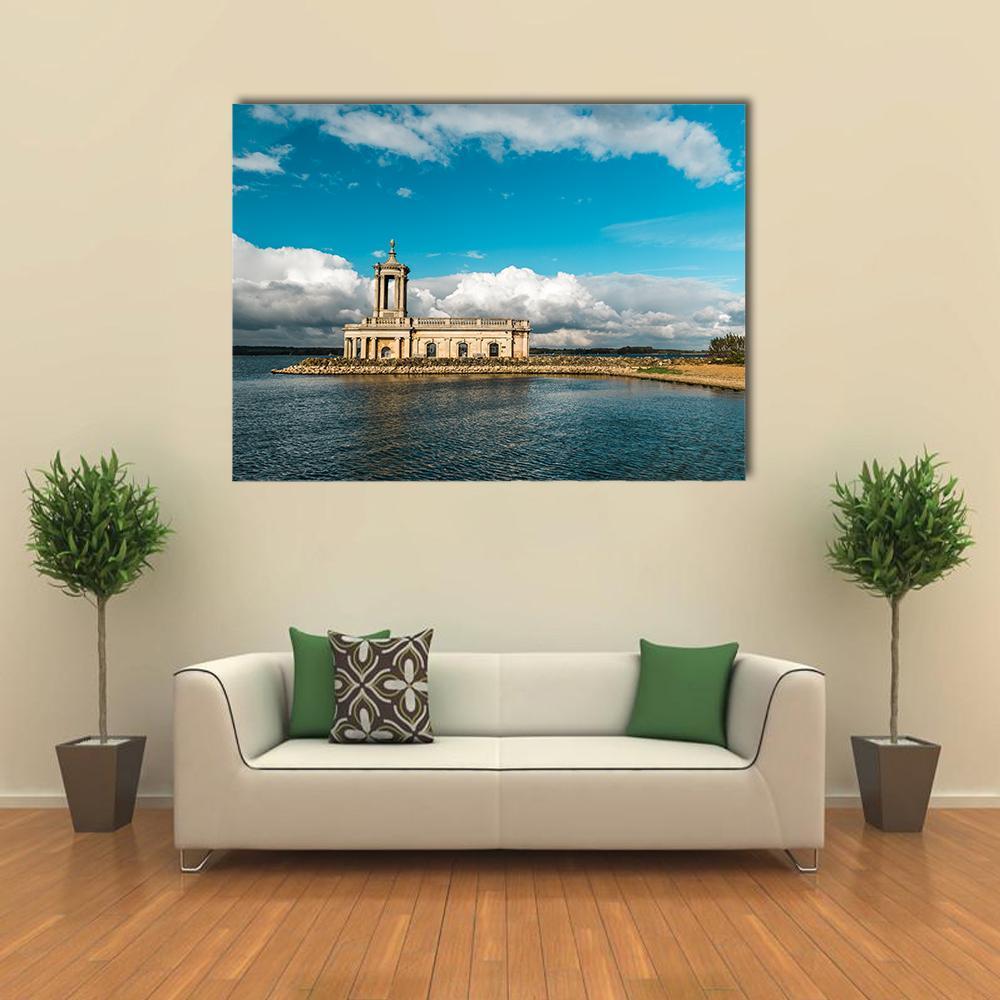 Normanton Church on Rutland Water Canvas Wall Art in white, beige and blue, single panel hung on a wall