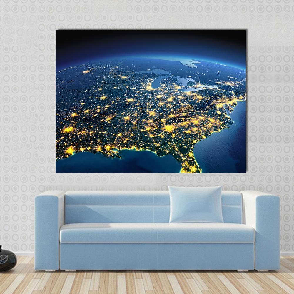 Gulf of Mexico from Space Canvas Wall Art in black, yellow and blue, single panel hung on a wall