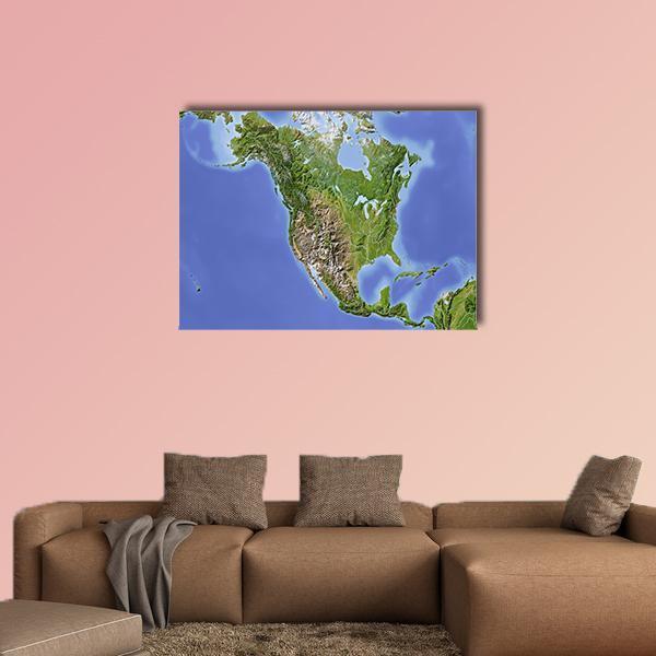 North America Topographic Map Canvas Wall Art in brown, green and blue, single panel hung on a wall