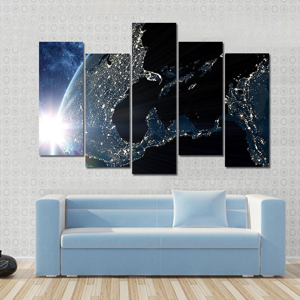 North &amp; South America At Night From Space Canvas Wall Art-5 Pop-Gallery Wrap-47" x 32"-Tiaracle