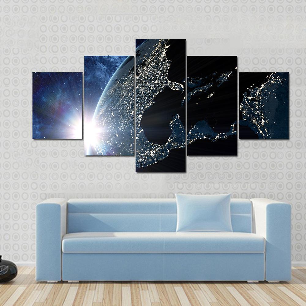 North &amp; South America At Night From Space Canvas Wall Art-5 Star-Gallery Wrap-62" x 32"-Tiaracle