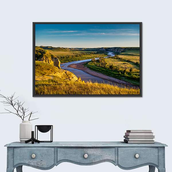 North Dakota Badlands Canvas Wall Art in brown, green and blue, framed canvas, product view on a white background