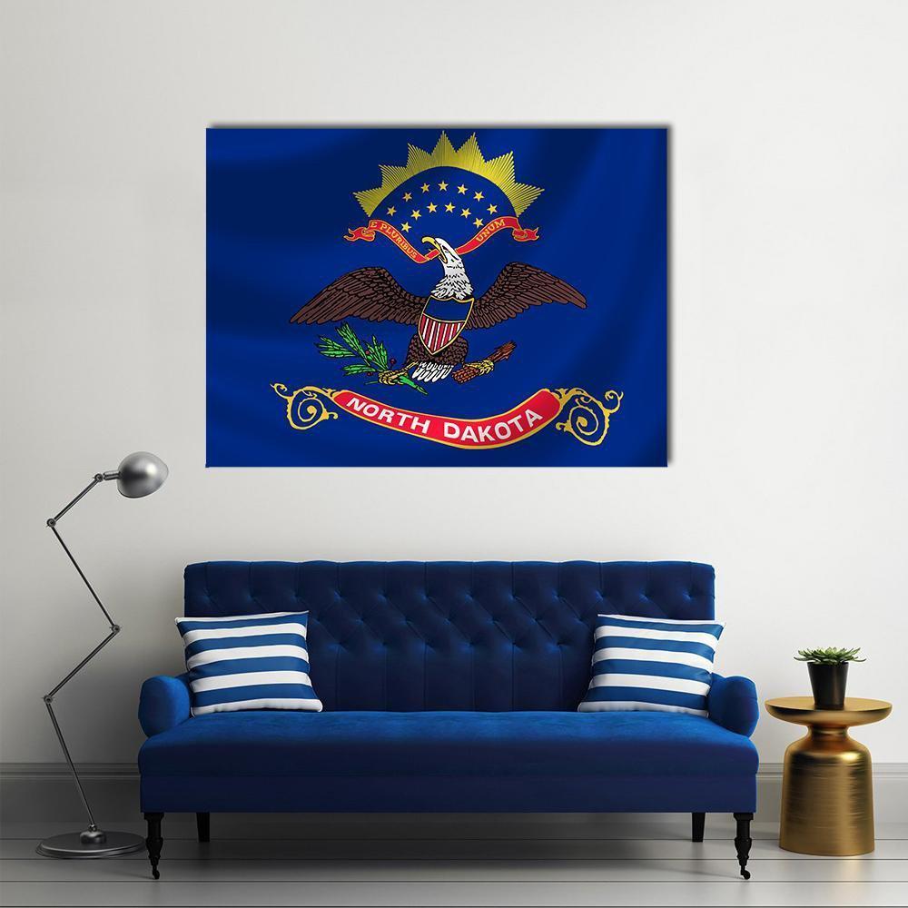 North Dakota Flag with Bald Eagle Canvas Wall Art in brown, gold and blue, single panel hung on a wall
