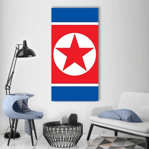 North Korean Flag Design Vertical Canvas Wall Art in white, red and blue, single vertical panel hung on a wall