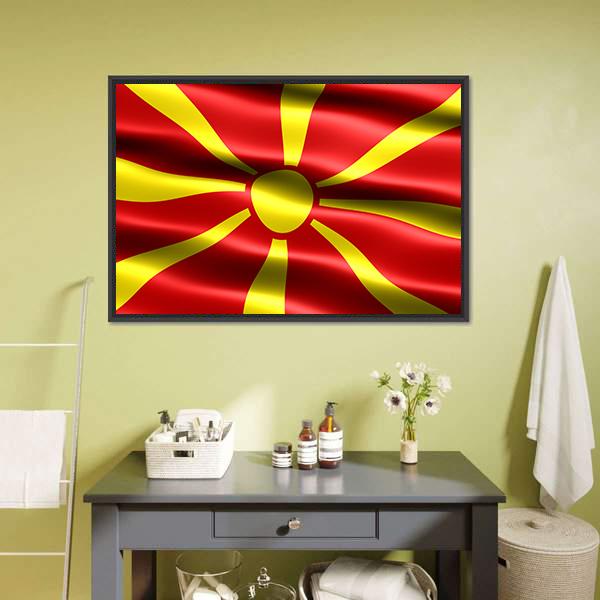 North Macedonia Flag Canvas Wall Art in red and yellow, framed canvas, product view on a white background