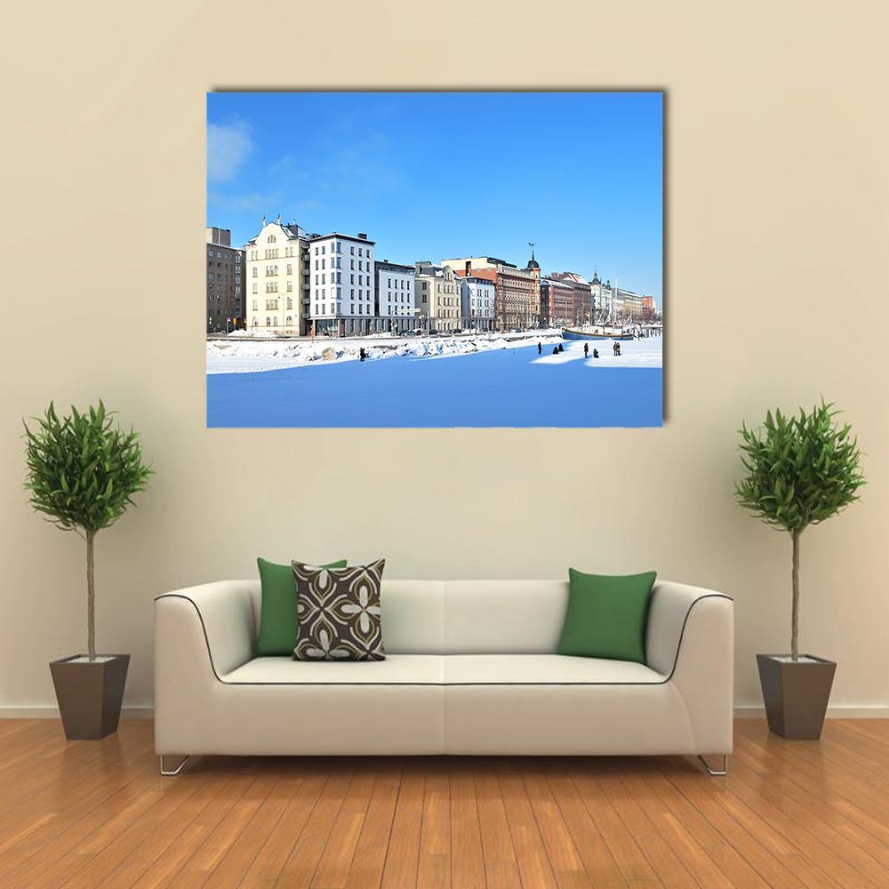 Winter Evening at North Quay Canvas Wall Art in white and blue, single panel hung on a wall