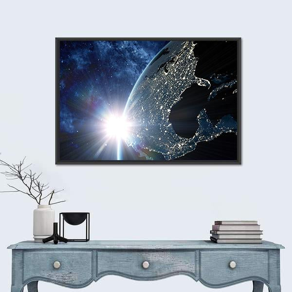 North &amp; South America At Night From Space Canvas Wall Art-1 Piece-Floating Frame-24" x 16"-Tiaracle