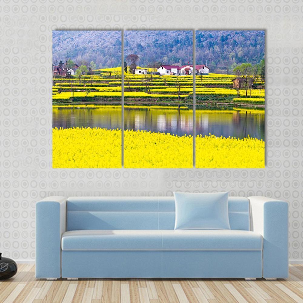 Rural Spring Scenery Canvas Wall Art in yellow, green and blue, 4 panel Pop layout hung on a wall