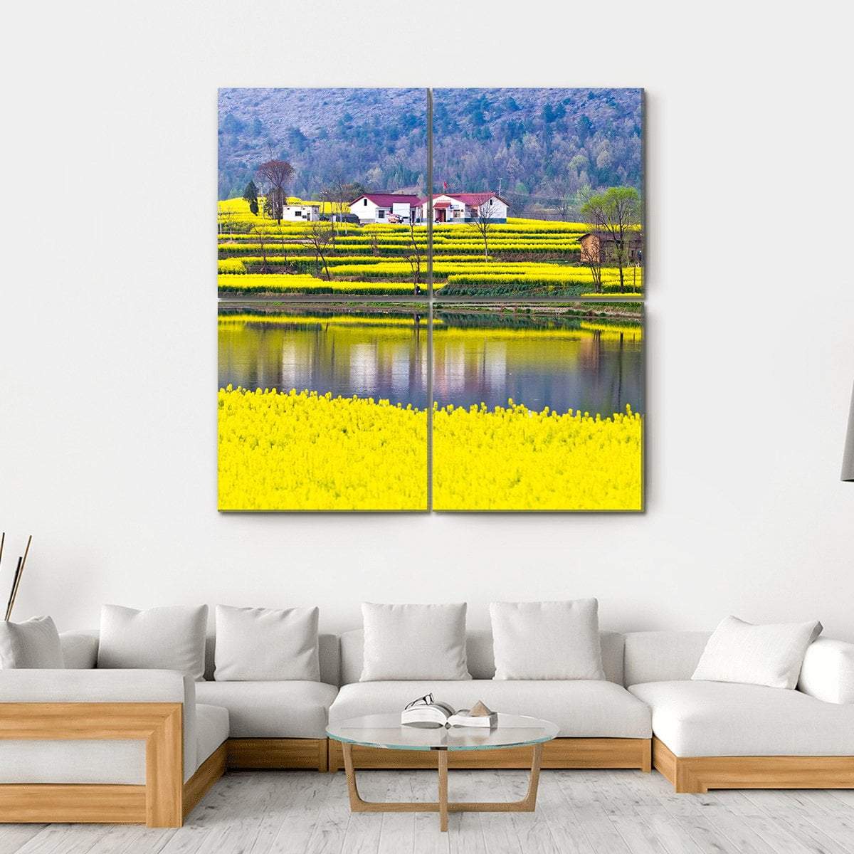 Rural Spring Scenery Canvas Wall Art in yellow, green and blue, single panel hung on a wall