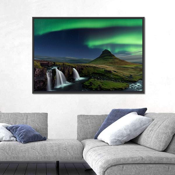 Northern Light At Mountain Canvas Wall Art-1 Piece-Floating Frame-24" x 16"-Tiaracle