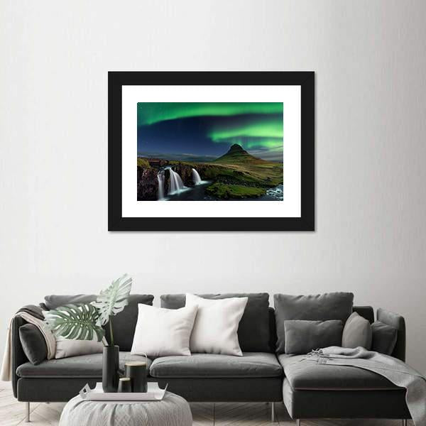 Northern Light At Mountain Canvas Wall Art-1 Piece-Framed Print-20" x 16"-Tiaracle