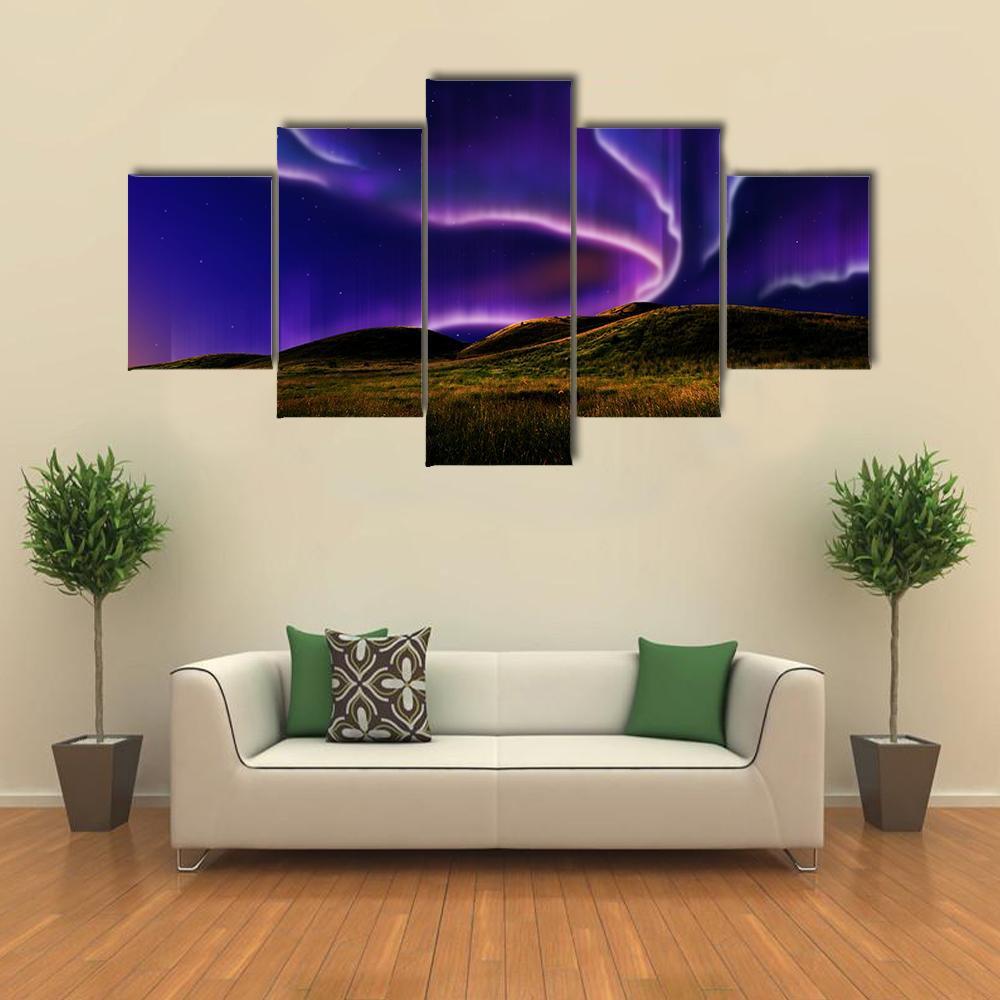 Northern Light On Silent Field Canvas Wall Art-5 Star-Gallery Wrap-62" x 32"-Tiaracle