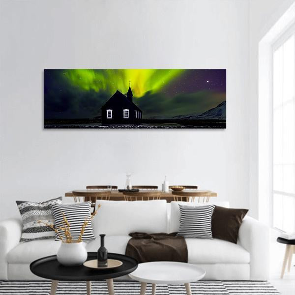 Green Northern Light Over Church Panoramic Canvas Wall Art-1 Piece-36" x 12"-Tiaracle