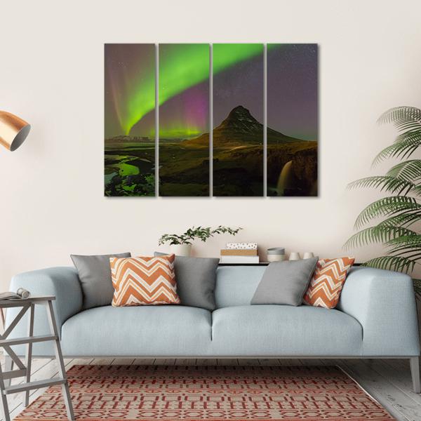 Northern Light Over Kirkjufell Volcano Canvas Wall Art-4 Horizontal-Gallery Wrap-34" x 24"-Tiaracle