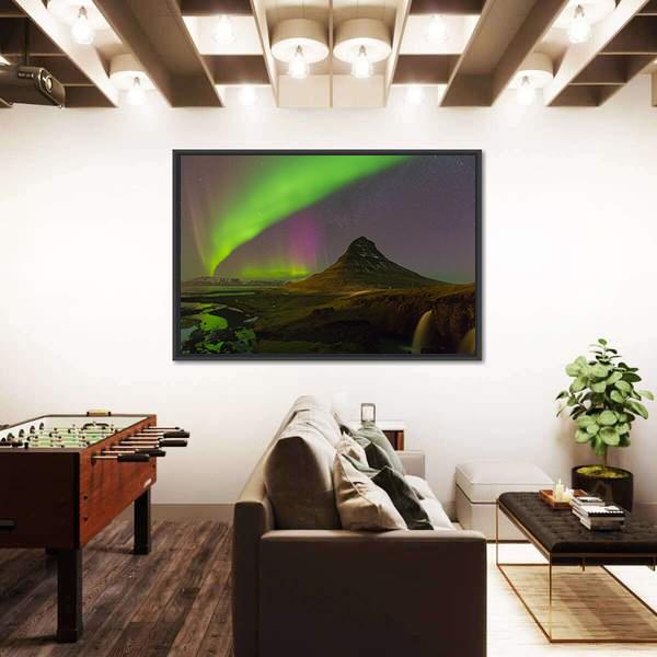 Northern Light Over Kirkjufell Volcano Canvas Wall Art-3 Horizontal-Gallery Wrap-25" x 16"-Tiaracle