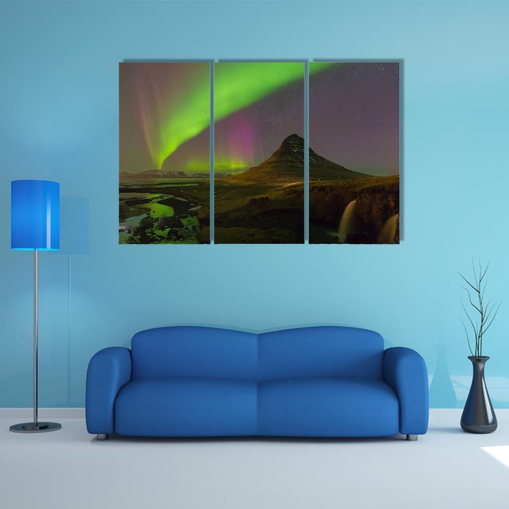 Northern Light Over Kirkjufell Volcano Canvas Wall Art-5 Pop-Gallery Wrap-47" x 32"-Tiaracle