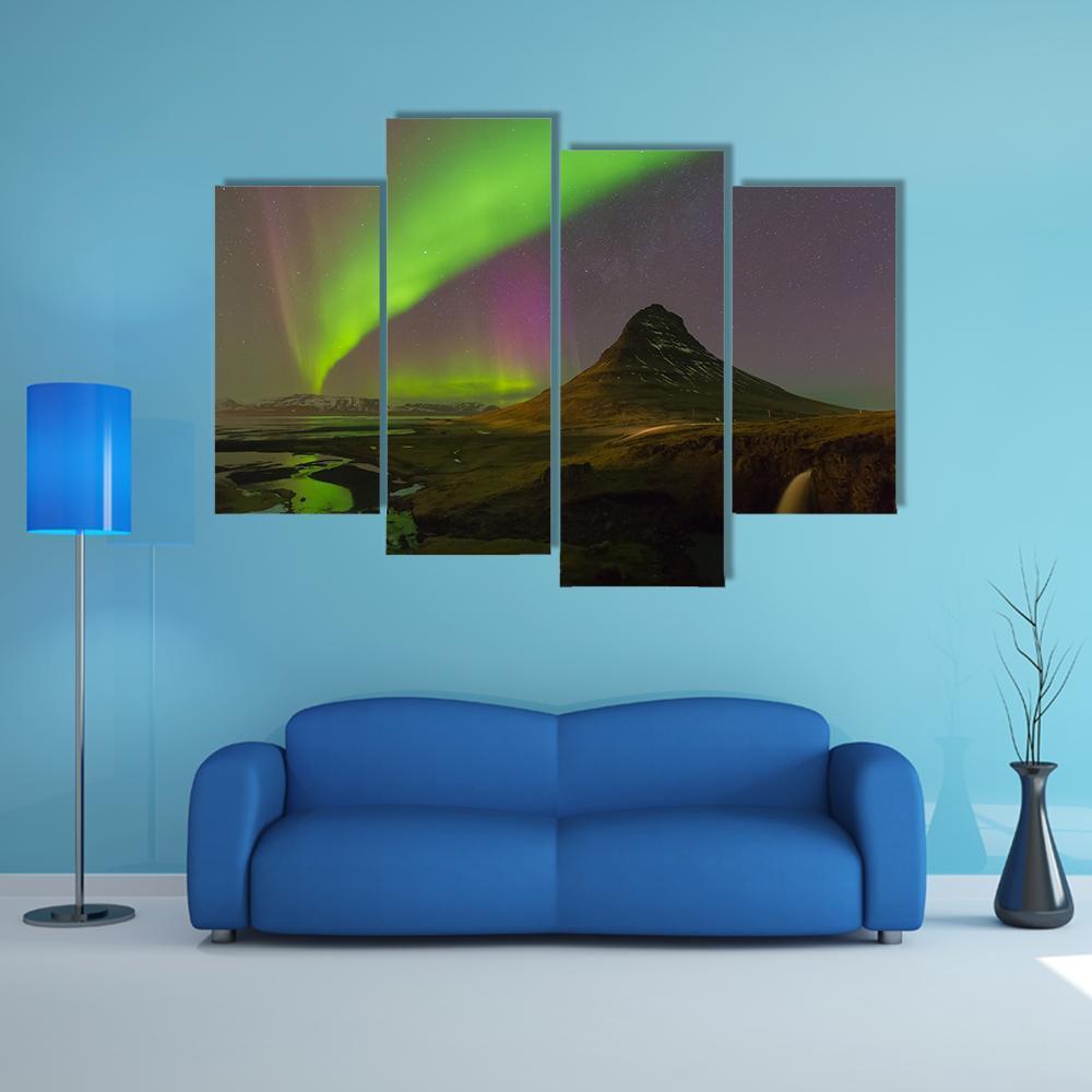 Northern Light Over Kirkjufell Volcano Canvas Wall Art-4 Pop-Gallery Wrap-50" x 32"-Tiaracle