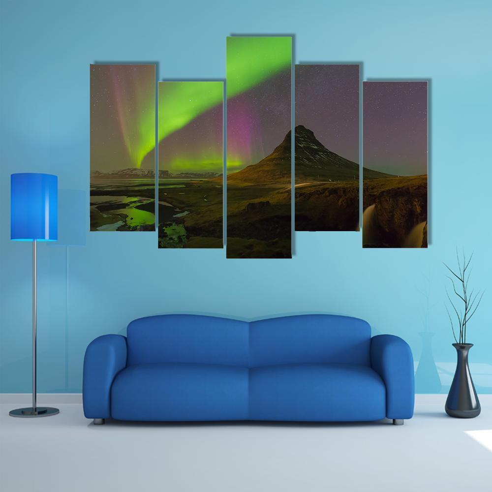 Northern Light Over Kirkjufell Volcano Canvas Wall Art-5 Pop-Gallery Wrap-47" x 32"-Tiaracle