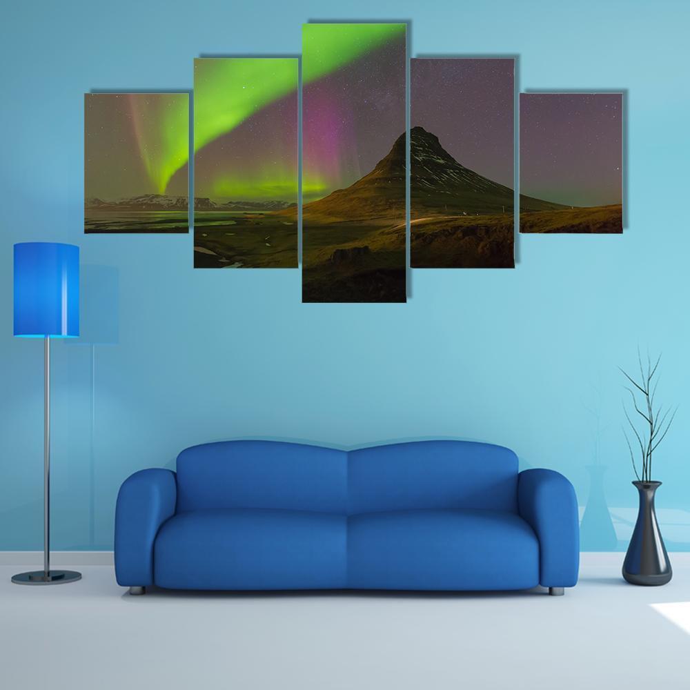 Northern Light Over Kirkjufell Volcano Canvas Wall Art-5 Star-Gallery Wrap-62" x 32"-Tiaracle