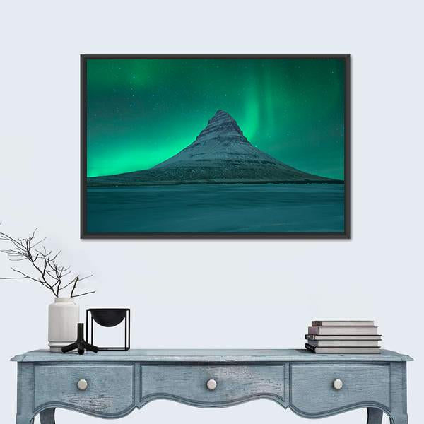 Aurora Over Kirkjufell Canvas Wall Art in green and blue, framed canvas, product view on a white background