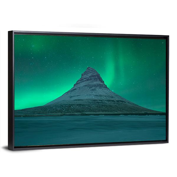 Northern Lights At Mount Kirkjufell Canvas Wall Art-3 Horizontal-Gallery Wrap-25" x 16"-Tiaracle