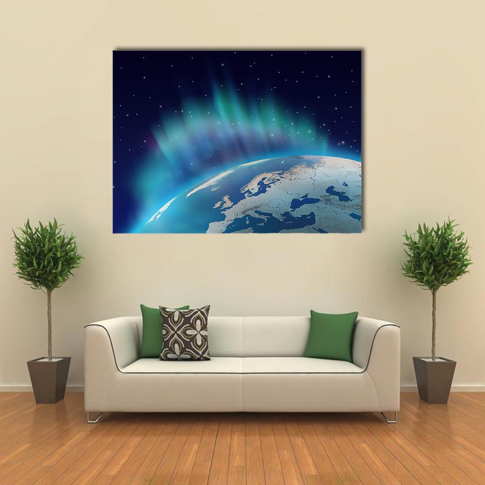 Northern Lights Over Planet Earth Canvas Wall Art in black, green and blue, single panel hung on a wall