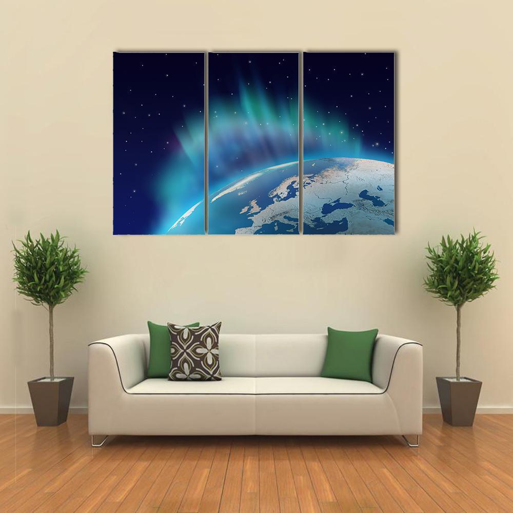 Northern Lights Over Planet Earth Canvas Wall Art-3 Horizontal-Gallery Wrap-37" x 24"-Tiaracle