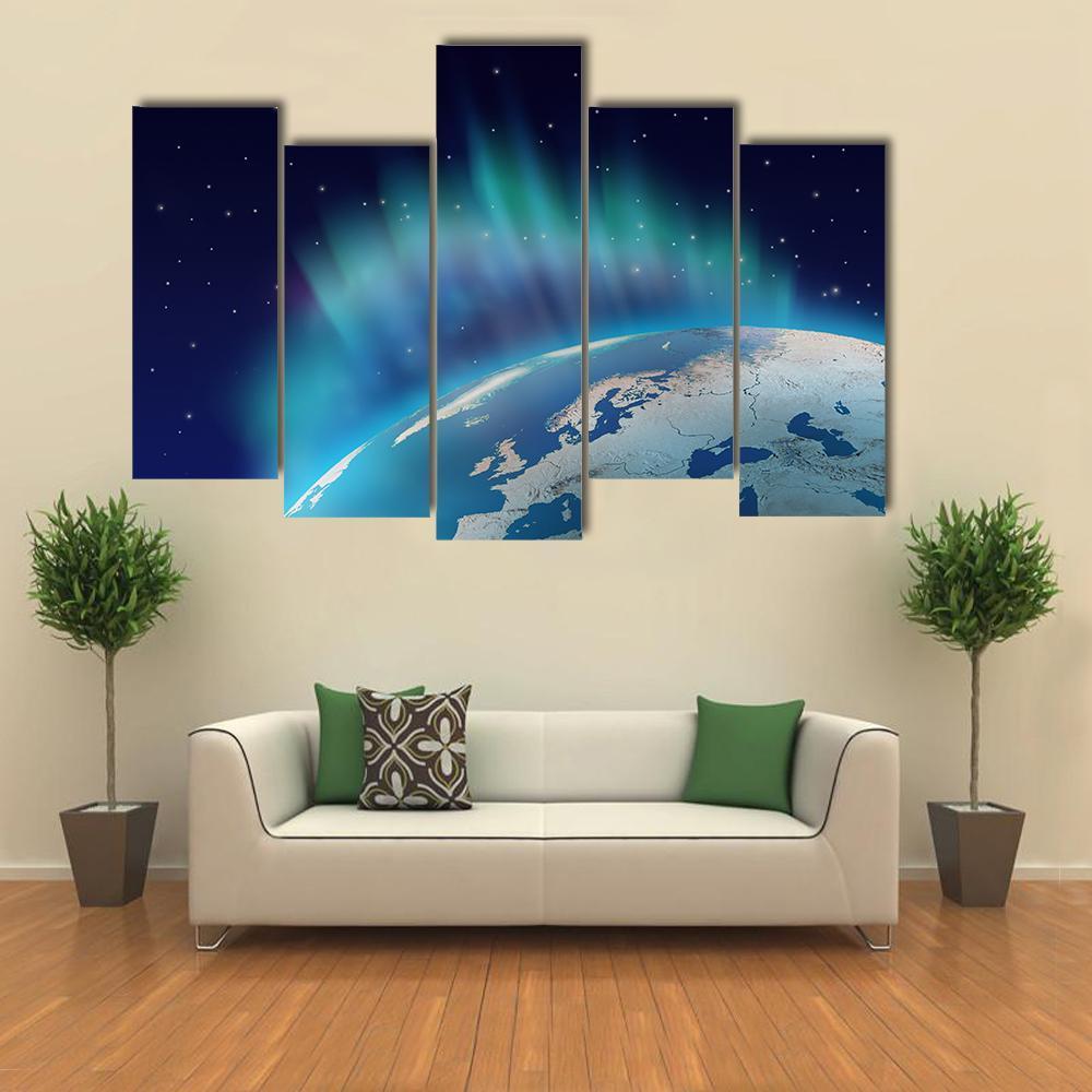 Northern Lights Over Planet Earth Canvas Wall Art-5 Pop-Gallery Wrap-47" x 32"-Tiaracle