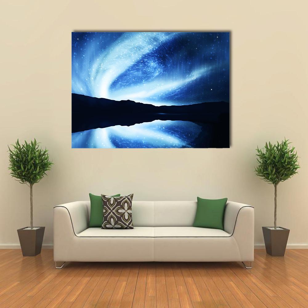 Northern Lights Over Mountain Lake Canvas Wall Art in black, blue and navy, single panel hung on a wall