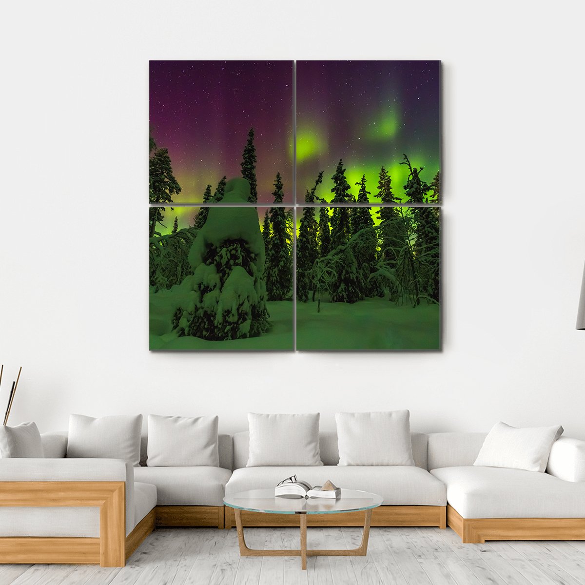 Lapland Northern Lights Over Snowy Forest Canvas Wall Art in black, green and purple, hung on a wall