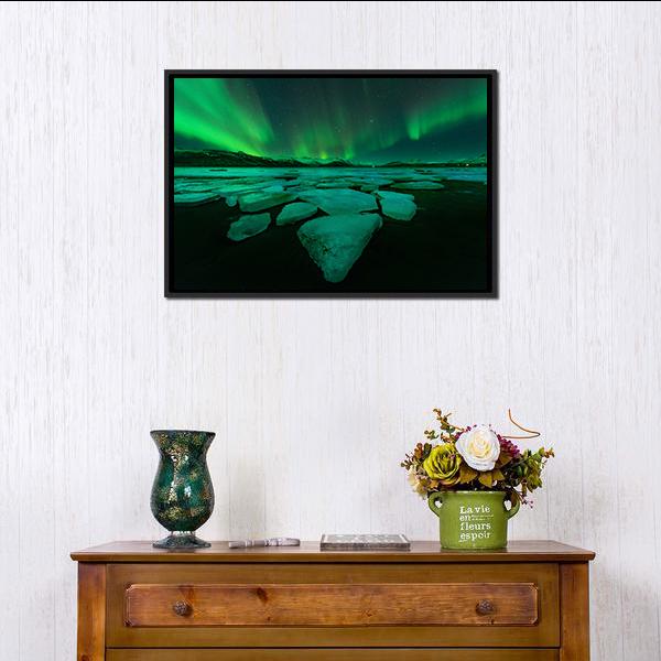 Northern Lights Iceland Canvas Wall Art-1 Piece-Floating Frame-24" x 16"-Tiaracle