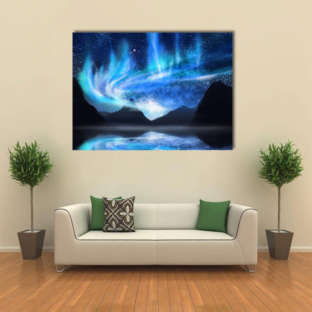 Alaska Northern Lights Over Mountain Reflections Canvas Wall Art in black and blue, single panel hung on a wall