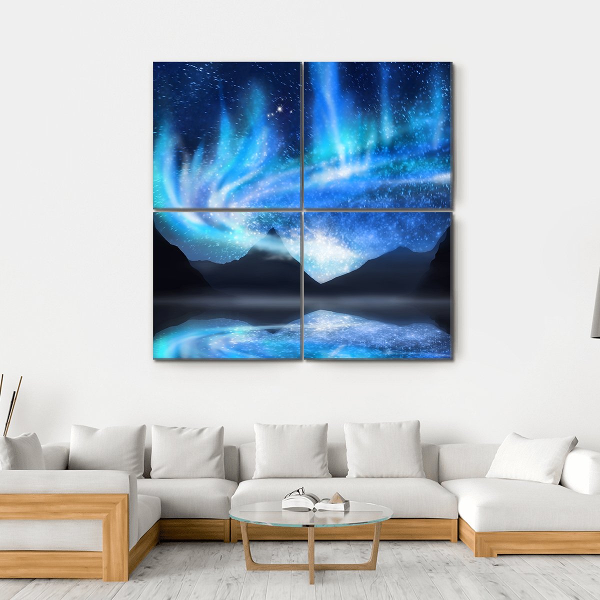 Alaska Northern Lights Over Mountain Reflections Canvas Wall Art in black and blue, hung on a wall