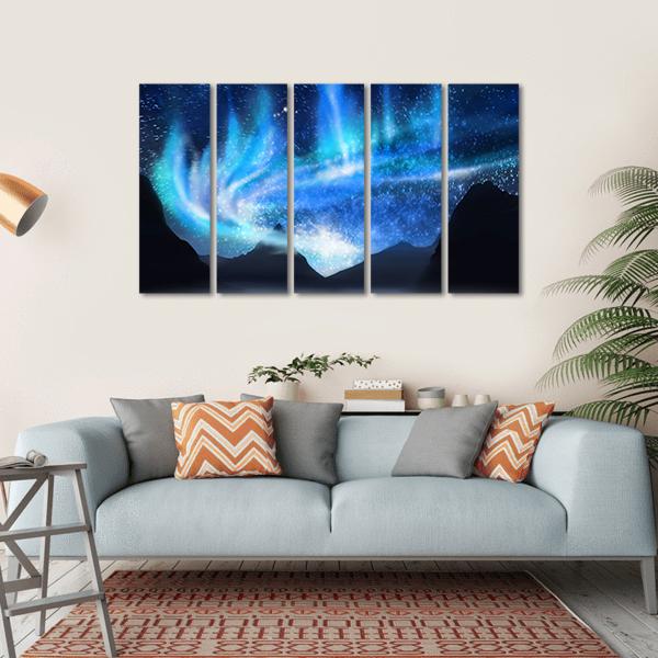 Alaska Northern Lights Over Mountain Reflections Canvas Wall Art in black and blue, hung on a wall