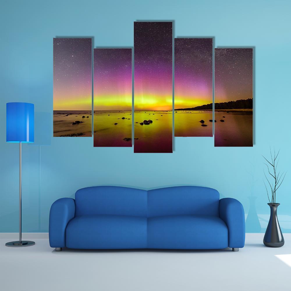 Northern Lights Over Baltic Sea Canvas Wall Art-5 Pop-Gallery Wrap-47" x 32"-Tiaracle
