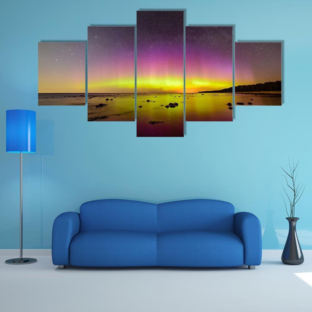Northern Lights Over Baltic Sea Canvas Wall Art-5 Star-Gallery Wrap-62" x 32"-Tiaracle
